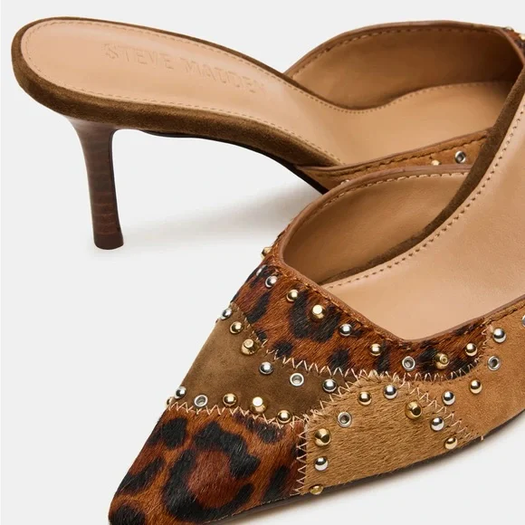 Steve Madden Leopard Print & Tan Studded Pointed Mule Heels - Picture 2 of 10
